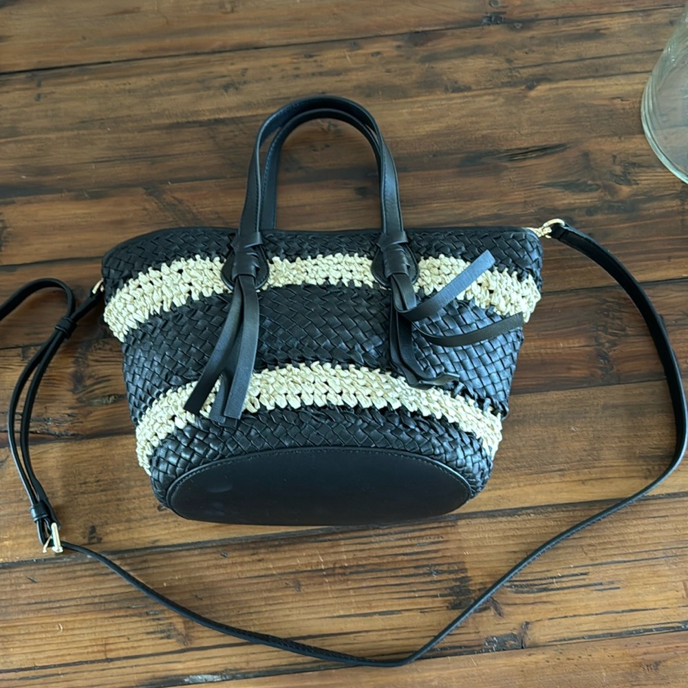 Woven Straw Accent Black Mini Tote